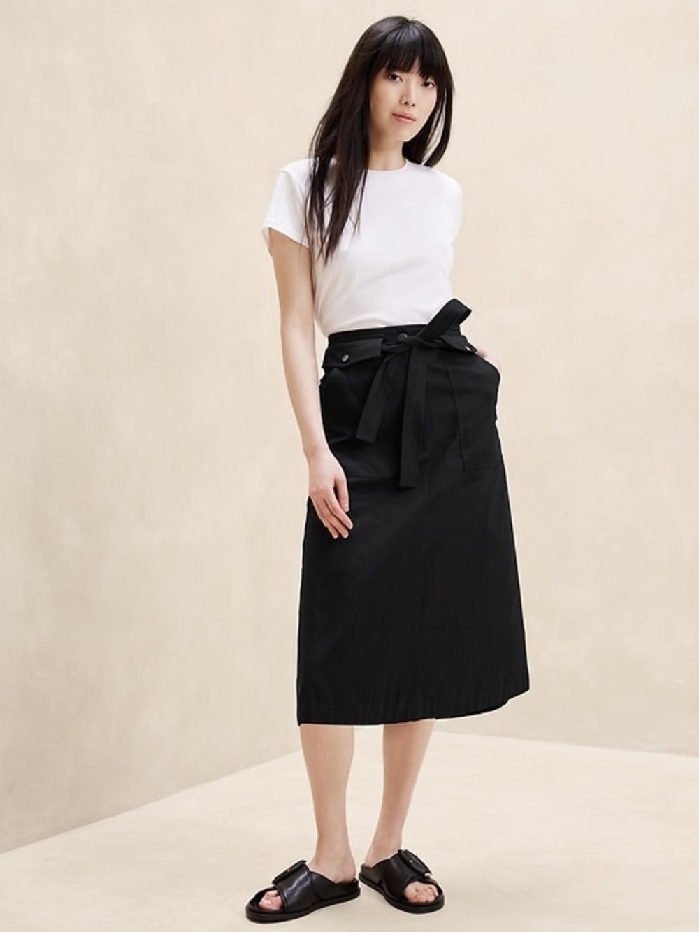 Banana Republic Factory Black Tie-Waist Utility Pocket Midi Skirt
